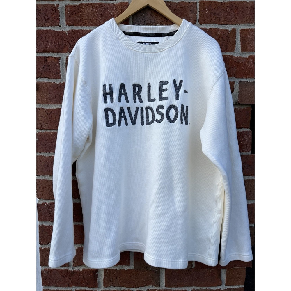 Harley Davidson Sweatshirt Mens L Thermal Waffle Knit Embroidered Spellout Cream